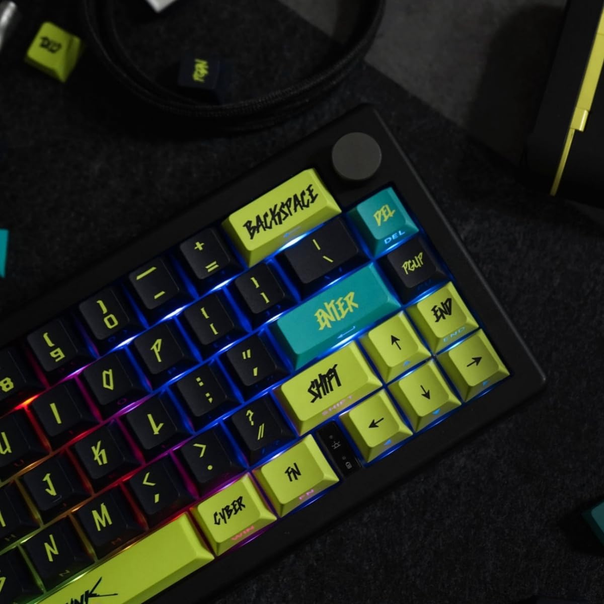 ULTRAEQUIP PBT Keycaps Cyberpunk Keycaps Shine Through Keycaps Side Printed 1.7mm Thickness Keycap Cherry Profile 130 Keys Side Dye Sub Custom Keycap Set for MX Switch Mechanical Keyboard -Cyber Lemon