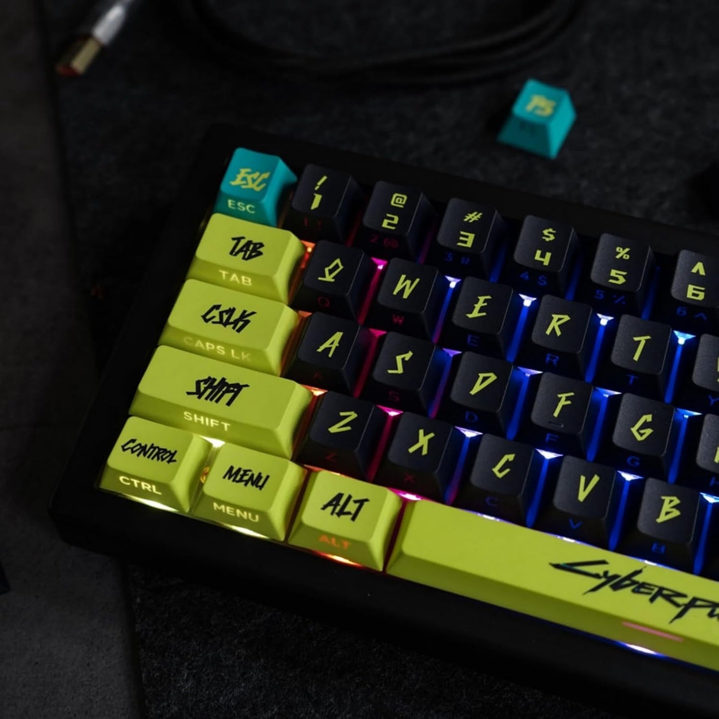 ULTRAEQUIP PBT Keycaps Cyberpunk Keycaps Shine Through Keycaps Side Printed 1.7mm Thickness Keycap Cherry Profile 130 Keys Side Dye Sub Custom Keycap Set for MX Switch Mechanical Keyboard -Cyber Lemon