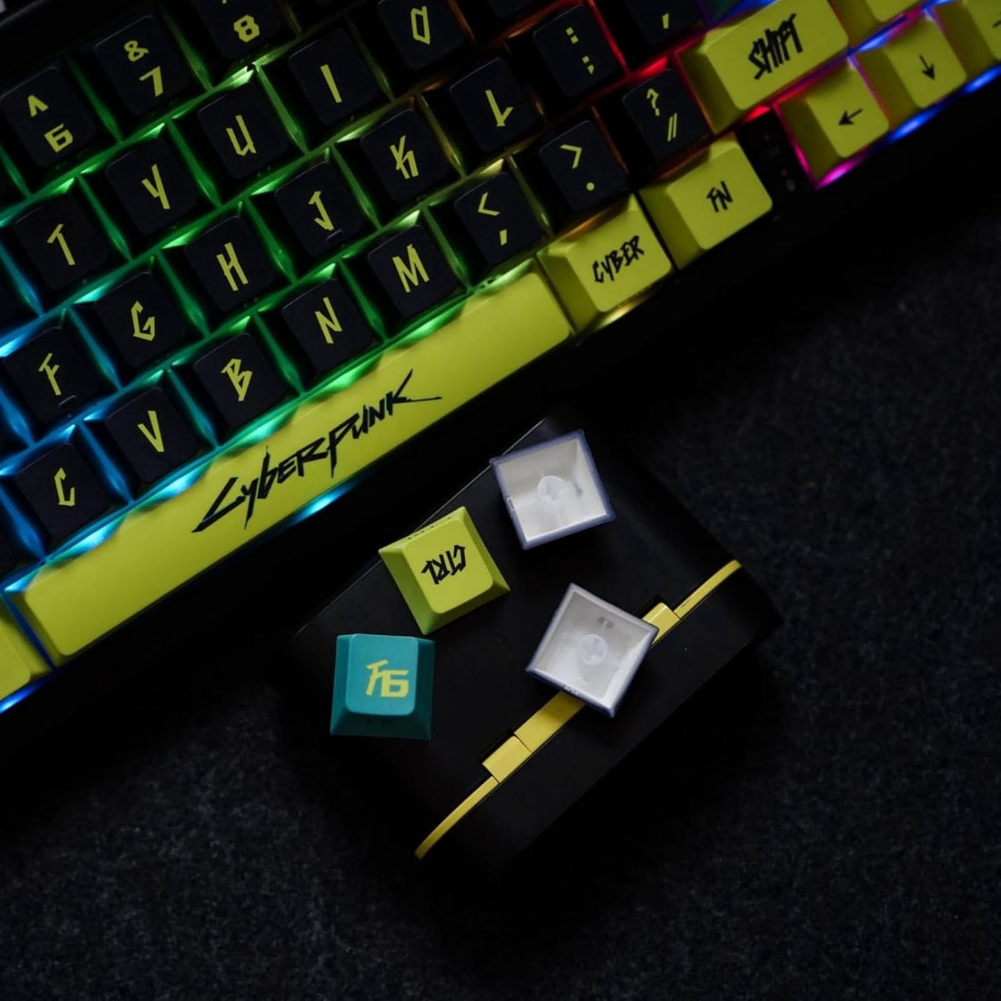 ULTRAEQUIP PBT Keycaps Cyberpunk Keycaps Shine Through Keycaps Side Printed 1.7mm Thickness Keycap Cherry Profile 130 Keys Side Dye Sub Custom Keycap Set for MX Switch Mechanical Keyboard -Cyber Lemon