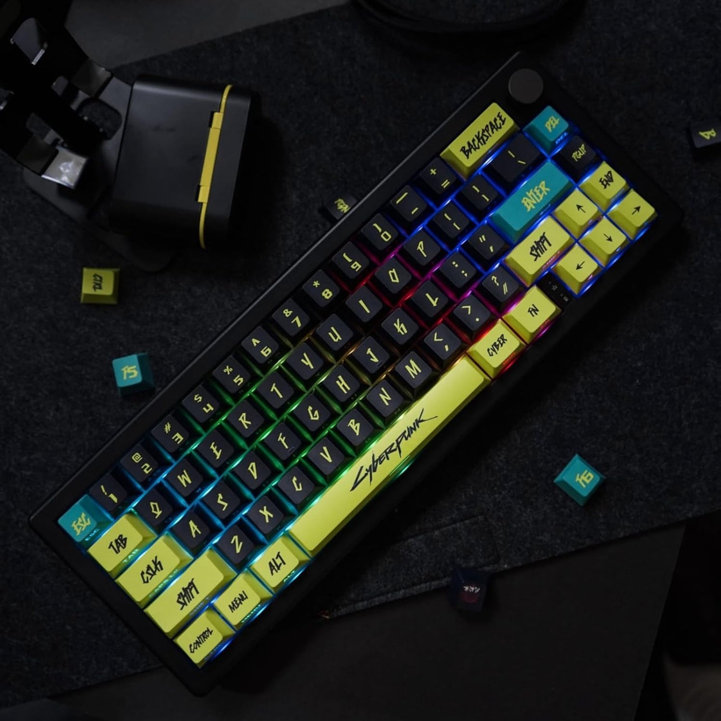 ULTRAEQUIP PBT Keycaps Cyberpunk Keycaps Shine Through Keycaps Side Printed 1.7mm Thickness Keycap Cherry Profile 130 Keys Side Dye Sub Custom Keycap Set for MX Switch Mechanical Keyboard -Cyber Lemon