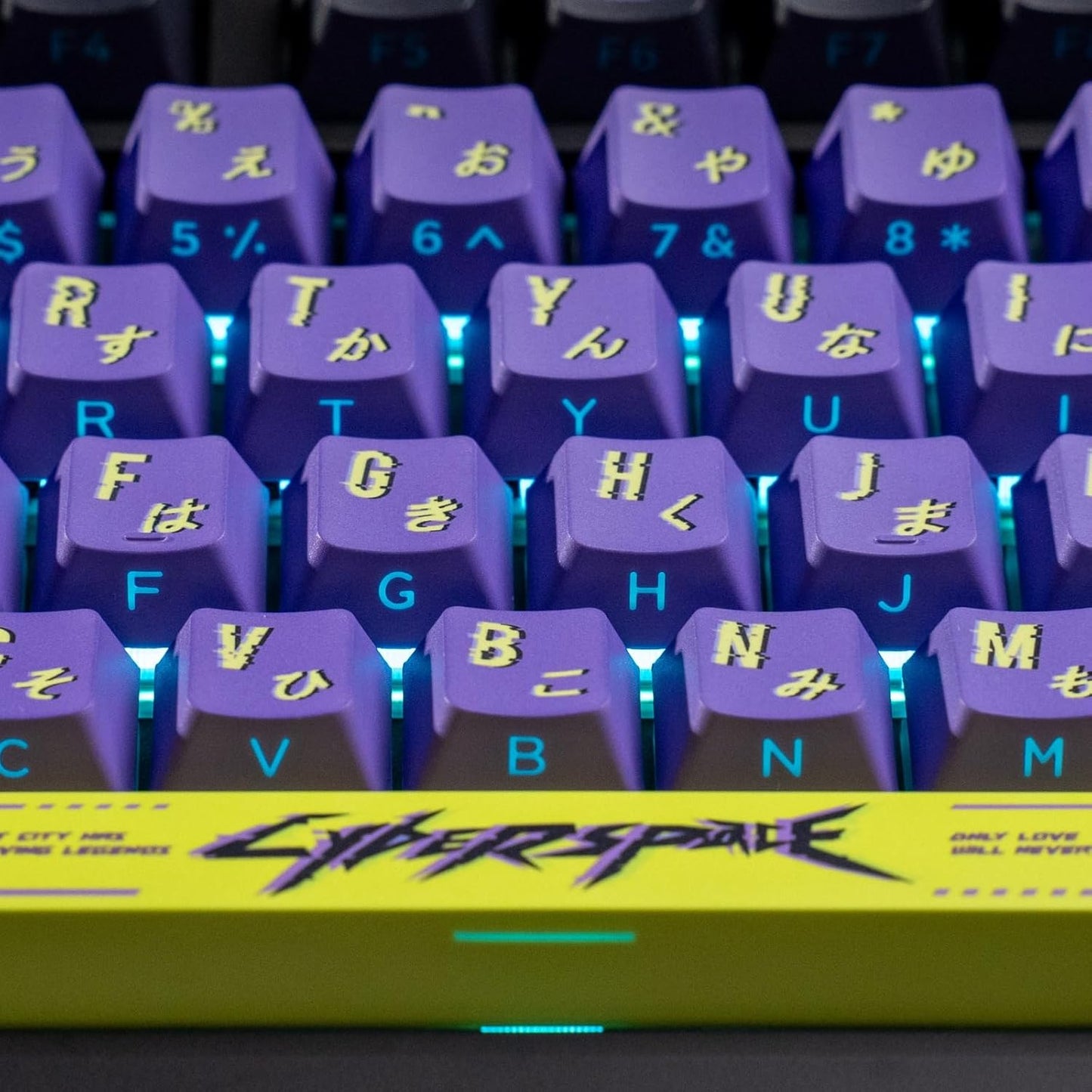Cyberpunk Side Printed PBT Japanese Keycaps - 130 Cherry Profile Custom Keycaps in Purple and Green for Mechanical Keyboard