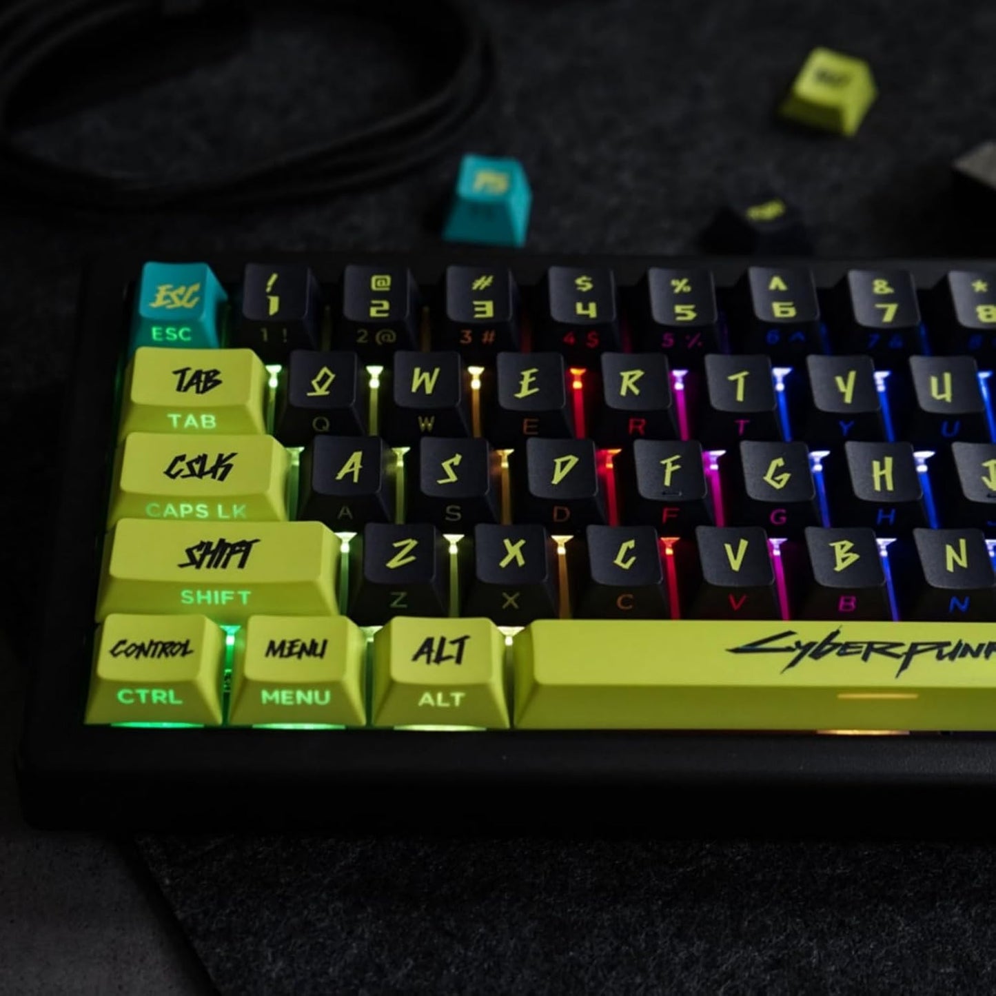 ULTRAEQUIP PBT Keycaps Cyberpunk Keycaps Shine Through Keycaps Side Printed 1.7mm Thickness Keycap Cherry Profile 130 Keys Side Dye Sub Custom Keycap Set for MX Switch Mechanical Keyboard -Cyber Lemon