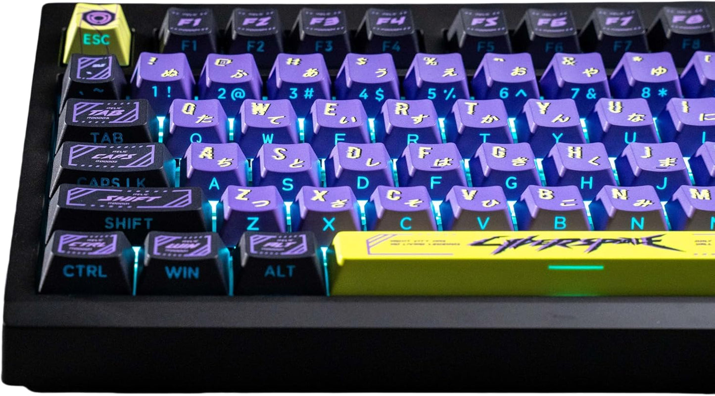 Cyberpunk Side Printed PBT Japanese Keycaps - 130 Cherry Profile Custom Keycaps in Purple and Green for Mechanical Keyboard