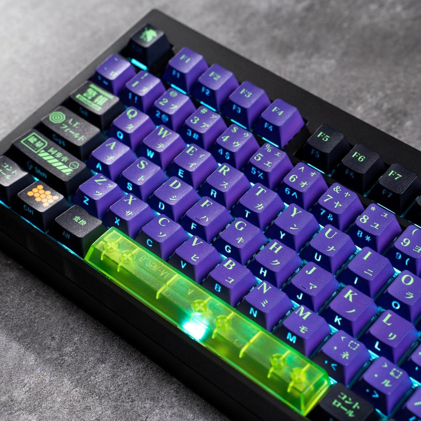 Keycaps Set - Side Printed Shine Through 139 Keys Japanese Transparent Cherry Profile Dye Sub Purple and Green Keycaps for Mechanical Keyboard Key Cap