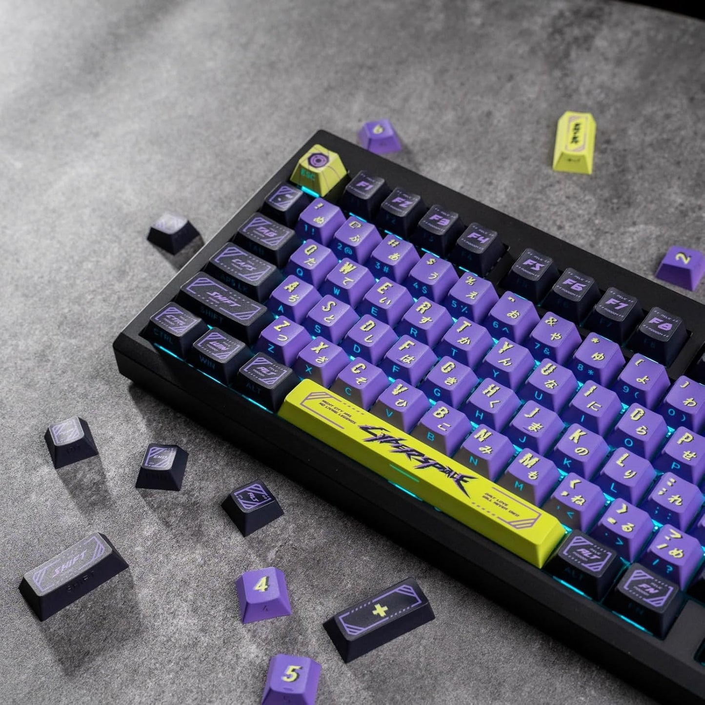 Cyberpunk Side Printed PBT Japanese Keycaps - 130 Cherry Profile Custom Keycaps in Purple and Green for Mechanical Keyboard