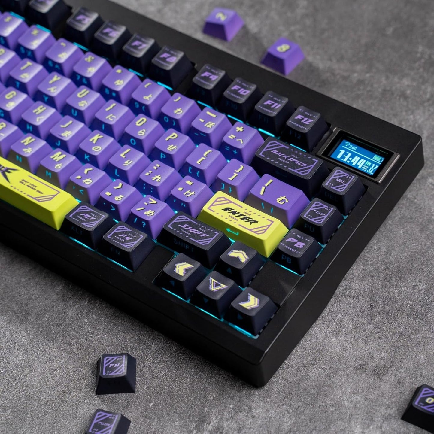 Cyberpunk Side Printed PBT Japanese Keycaps - 130 Cherry Profile Custom Keycaps in Purple and Green for Mechanical Keyboard
