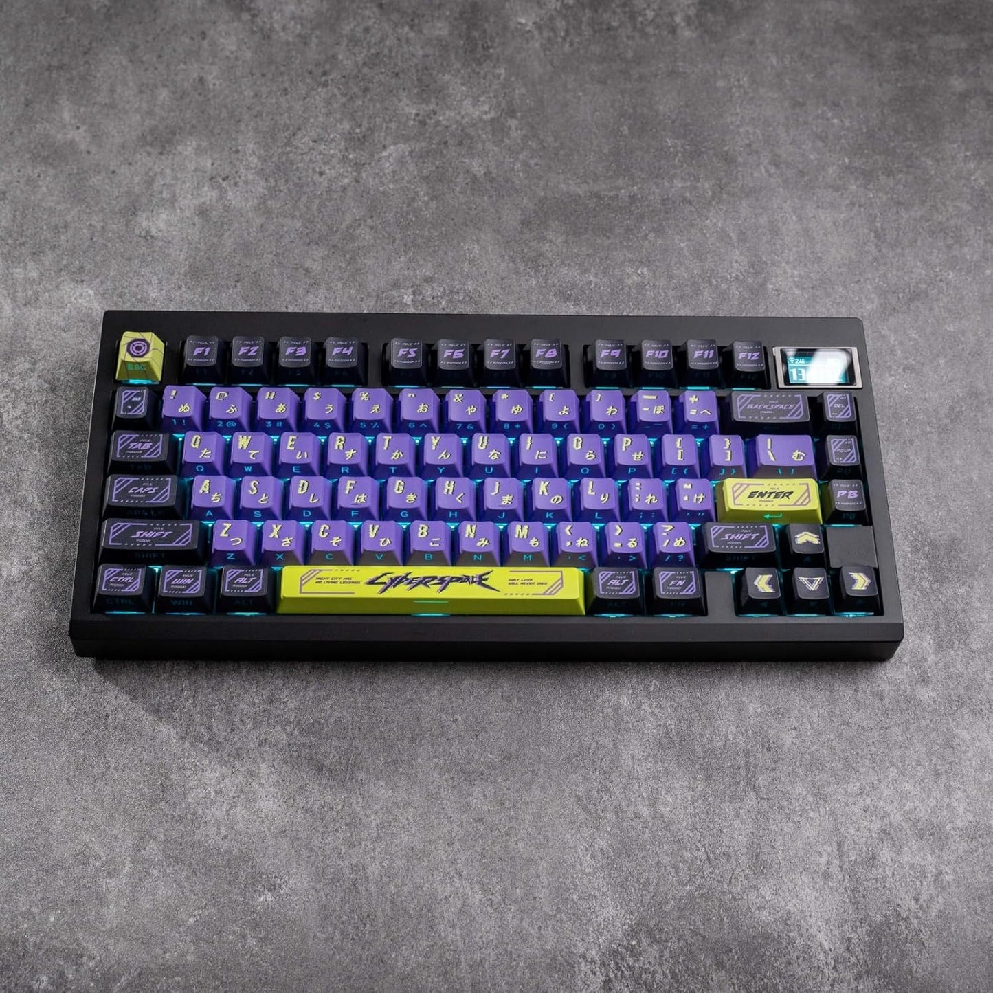 Cyberpunk Side Printed PBT Japanese Keycaps - 130 Cherry Profile Custom Keycaps in Purple and Green for Mechanical Keyboard
