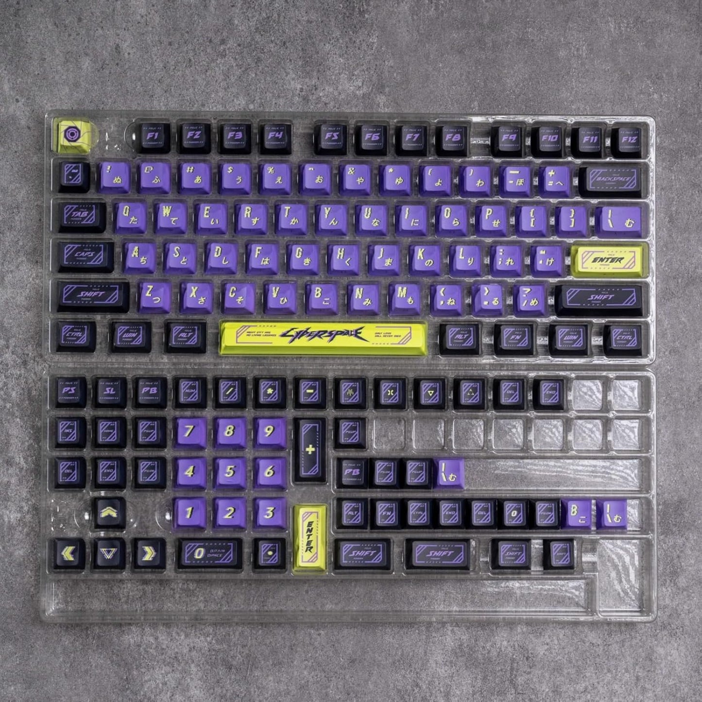 Cyberpunk Side Printed PBT Japanese Keycaps - 130 Cherry Profile Custom Keycaps in Purple and Green for Mechanical Keyboard