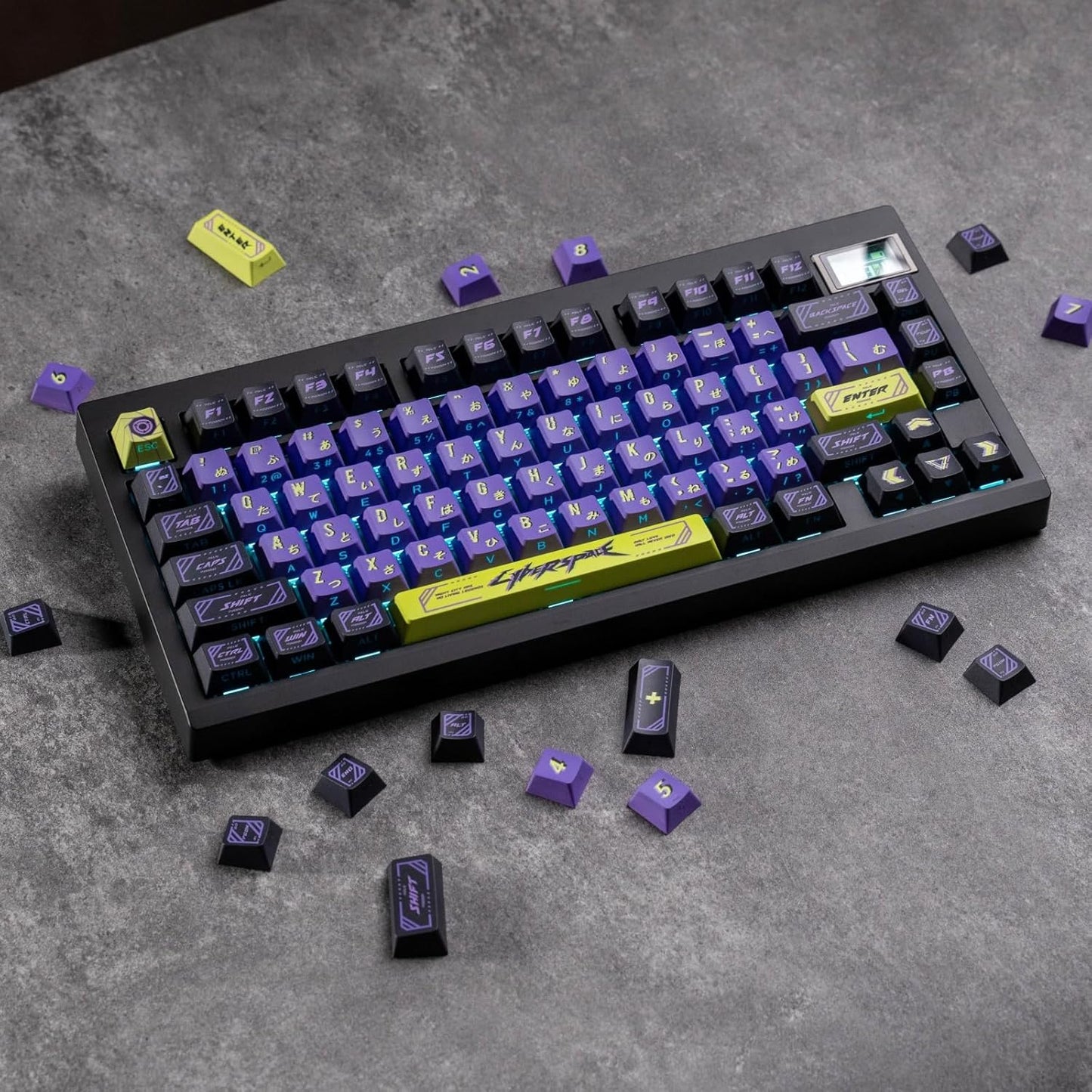 Cyberpunk Side Printed PBT Japanese Keycaps - 130 Cherry Profile Custom Keycaps in Purple and Green for Mechanical Keyboard