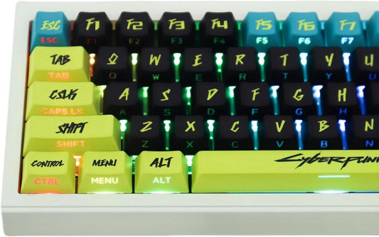 ULTRAEQUIP PBT Keycaps Cyberpunk Keycaps Shine Through Keycaps Side Printed 1.7mm Thickness Keycap Cherry Profile 130 Keys Side Dye Sub Custom Keycap Set for MX Switch Mechanical Keyboard -Cyber Lemon