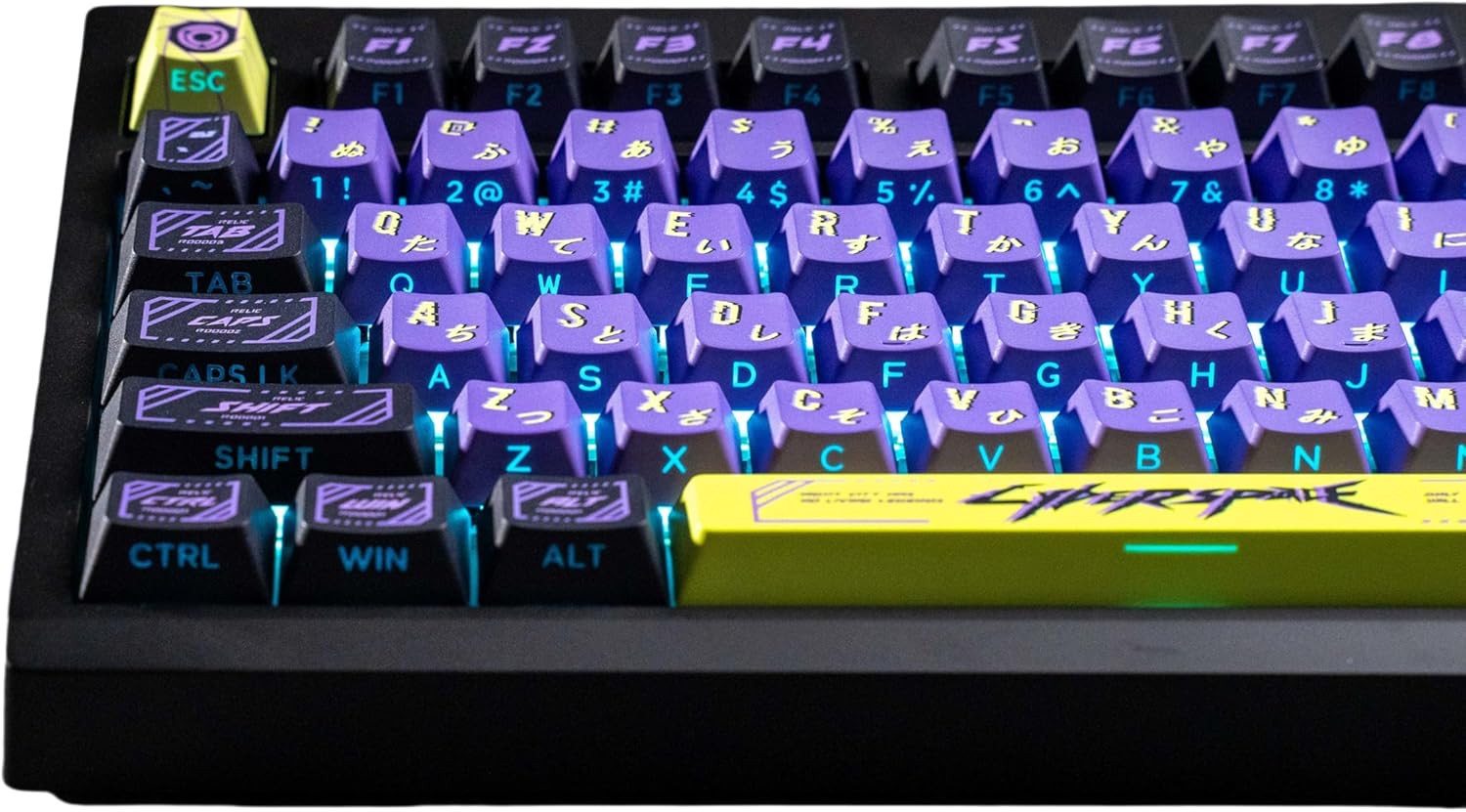 Cyberpunk Side Printed PBT Japanese Keycaps - 130 Cherry Profile Custom Keycaps in Purple and Green for Mechanical Keyboard